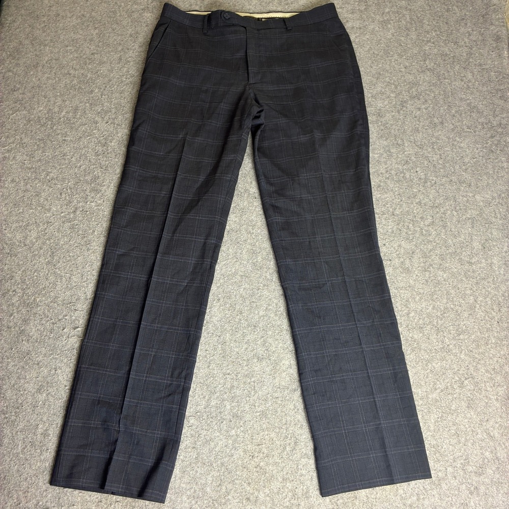 Black Saks Fifth Avenue Men's 34R 100% Wool Blue Plaid Dress Pant Trousers